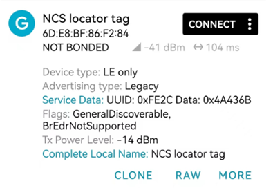 通过nRF connect APP抓取的locator_tag例子的Discoverable Advertising的数据 通过nRF connect APP抓取的locator_tag例子的Discoverable Advertising的数据