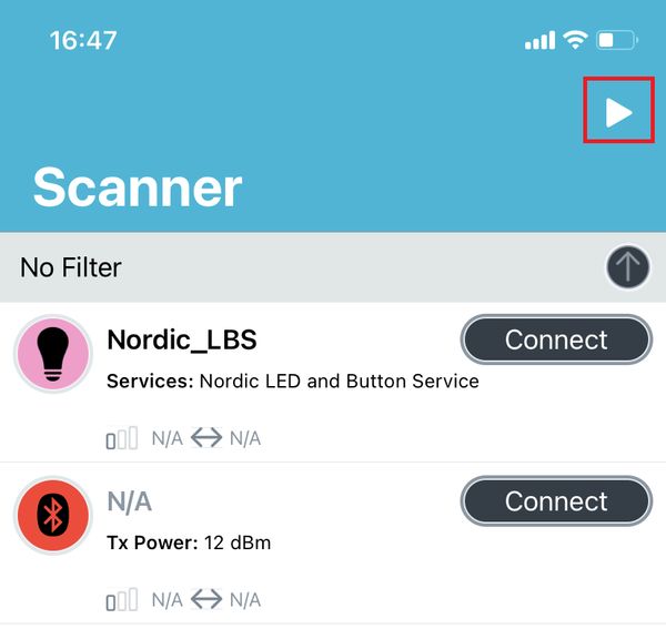 在 nRF Connect for Mobile 应用中,点击右上角的播放图标。