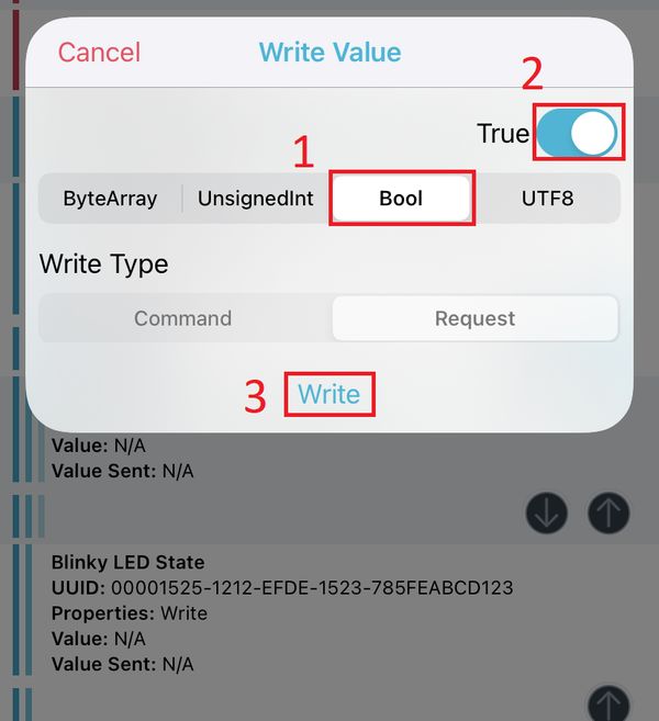 选择布尔类型(Bool),将数值切换为 True,然后点击 Write 发送该数值。