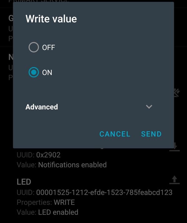 选择 ON,然后点击 SEND,即可点亮 LED。