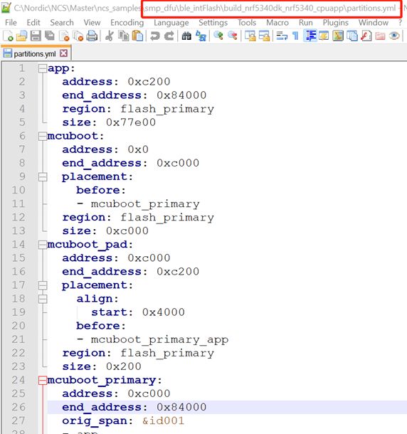 我们先看一下smp_dfu/ble_intFlash这个例子生成的partitions.yml: