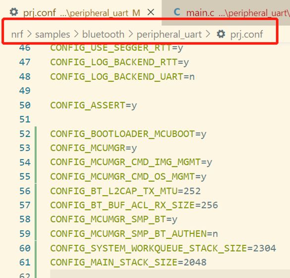 我们把上述config加在nrf\samples\bluetooth\peripheral_uart\prj.conf文件最后,这样prj.conf就改完了。