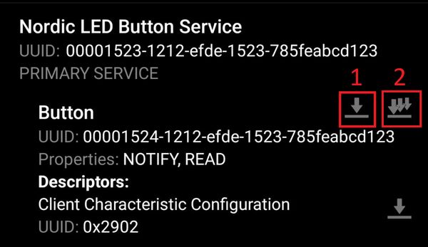 Read the status of button 1 using the “Button” Characteristic.
